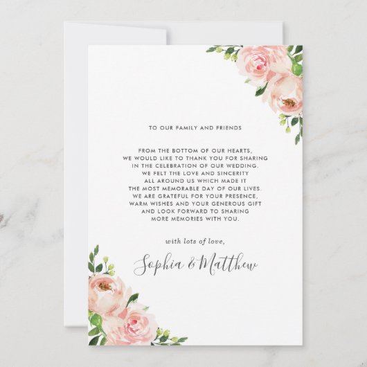 赤面ピンクのフローラ金ゴールド幾何学的結婚写真 サンキューカード (裏面)