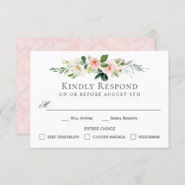 赤面ピンクのフローラRSVPカードとEntreeの選択肢 招待状