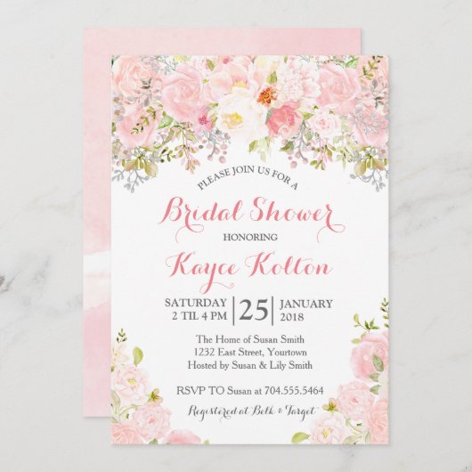 赤面ピンクのブライダルシャワー 招待状 (正面/裏面)