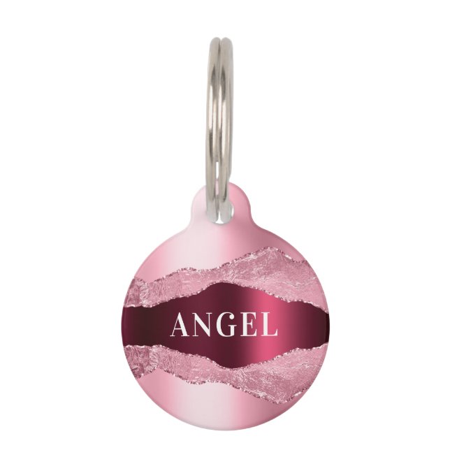 赤面ピンクのブルゴーニュのアゲート大理石名 ペット　ネームタグ (正面)