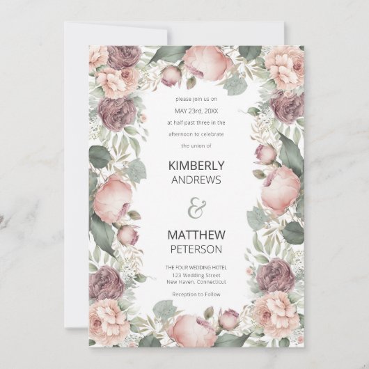 赤面ピンクのブルゴーニュのミントピーニー結婚フローラ 招待状 (正面)