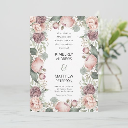 赤面ピンクのブルゴーニュのミントピーニー結婚フローラ 招待状 (スタンド正面)