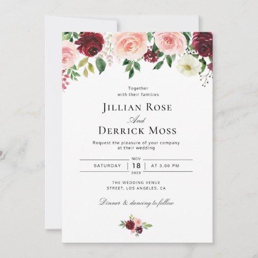 赤面ピンクのブルゴーニュの水色の結婚花の 招待状 (正面)