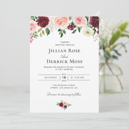 赤面ピンクのブルゴーニュの水色の結婚花の 招待状 (スタンド正面)