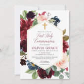 赤面ピンクのブルゴーニュ海軍の女の子のファーストコミューン 招待状 (正面)