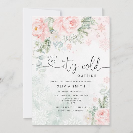 赤面ピンクのベビー外のベビーシャワーが冷たい 招待状 (正面)