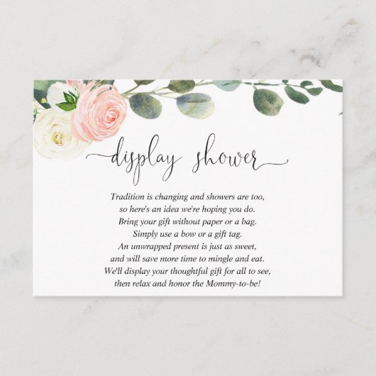 赤面ピンクのホワイトディスプレイシャワー女の子の赤ちゃんシャワー エンクロージャーカード (正面)