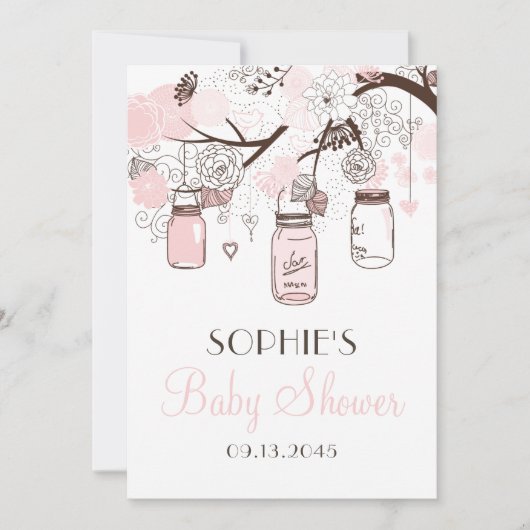 赤面ピンクのメーソンジャースと花ベビーシャワー 招待状 (正面)