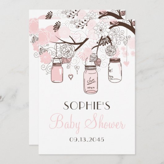 赤面ピンクのメーソンジャースと花ベビーシャワー 招待状 (正面/裏面)
