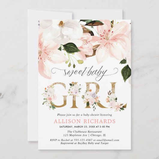 赤面ピンクのレースのバーラップフローラ女の子ベビーシャワー 招待状 (正面)