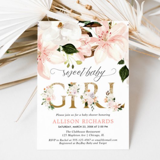 赤面ピンクのレースのバーラップフローラ女の子ベビーシャワー 招待状