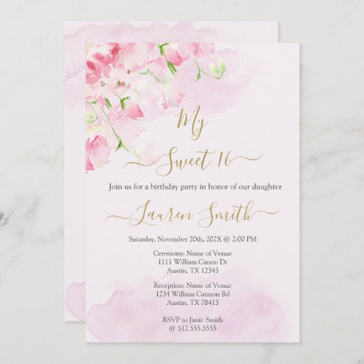 赤面ピンクのローズスイート16招待 招待状 (正面/裏面)