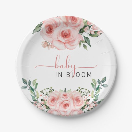 赤面ピンクのローズベビー開花シャワーおむつラッフル ペーパープレート (正面)