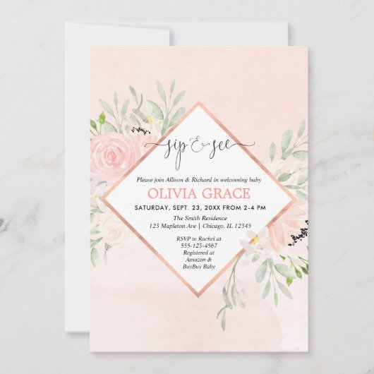 赤面ピンクのローズ金ゴールドフローラガールsipとSee 招待状 (正面)