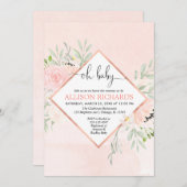 赤面ピンクのローズ金ゴールドフローラ女の子の赤ちゃんシャワー 招待状 (正面/裏面)