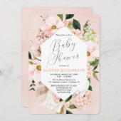 赤面ピンクのローズ金ゴールドフローラ水の色ベビーシャワー 招待状 (正面/裏面)