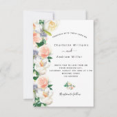 赤面ピンクのローズ金ゴールド花模様白結婚の 招待状 (正面)