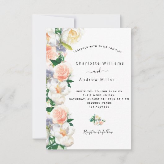 赤面ピンクのローズ金ゴールド花模様白結婚の 招待状 (正面)