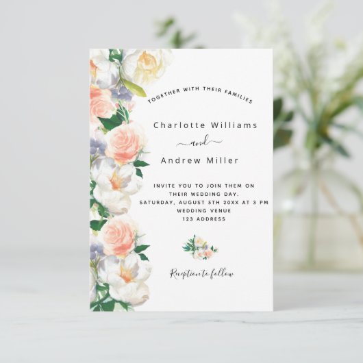 赤面ピンクのローズ金ゴールド花模様白結婚の 招待状 (スタンド正面)