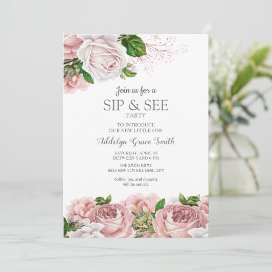 赤面ピンクのヴィンテージフローラベビーガールシップを参照シャワー 招待状 (スタンド正面)