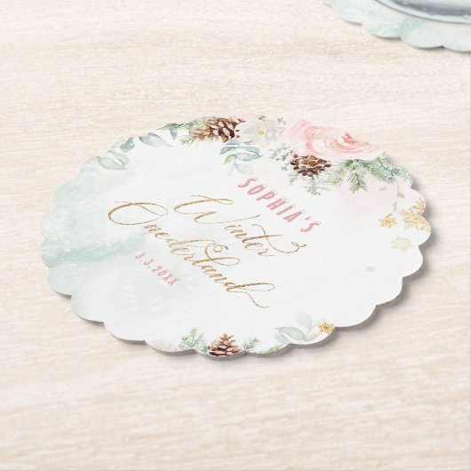 赤面ピンクの冬のオネダーランドの女の子の誕生日 ペーパーコースター (アングル)