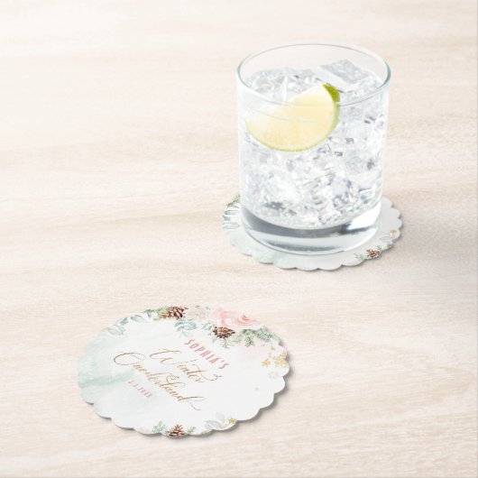 赤面ピンクの冬のオネダーランドの女の子の誕生日 ペーパーコースター (インサイチュ)