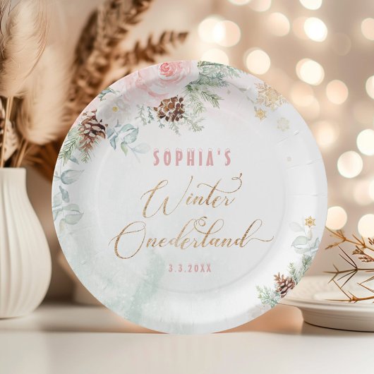 赤面ピンクの冬のオネダーランドの女の子の誕生日 ペーパープレート