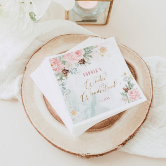 赤面ピンクの冬ワンダーランドの女の子の誕生日 スタンダードカクテルナプキン