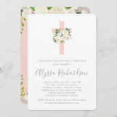 赤面ピンクの十字架と花の最初の聖餐式 招待状 (正面/裏面)