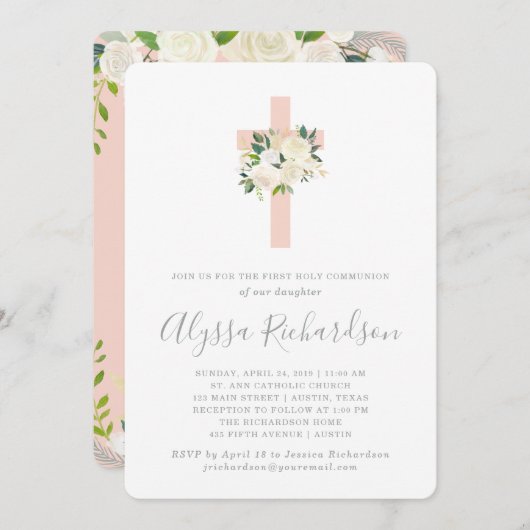 赤面ピンクの十字架と花の最初の聖餐式 招待状 (正面/裏面)