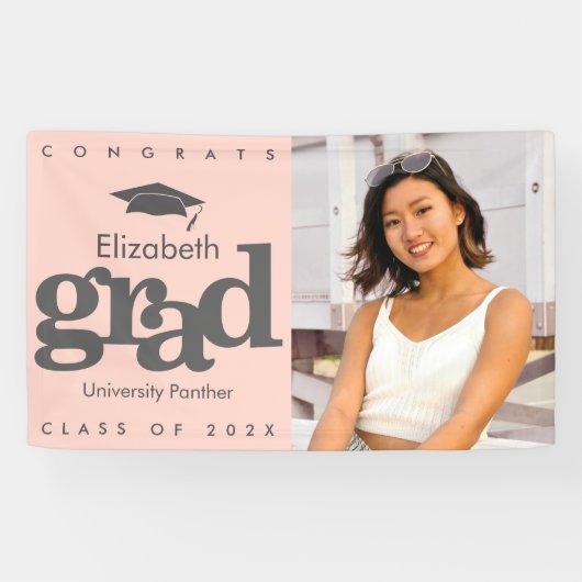 赤面ピンクの卒業写真のグレーのはっきりしたキャップ 横断幕 (横)