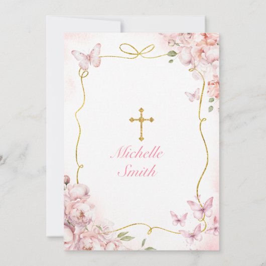 赤面ピンクの女の子が最初の聖餐式を保持 招待状 (裏面)