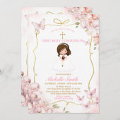 赤面ピンクの女の子が最初の聖餐式を保持 招待状 (正面/裏面)
