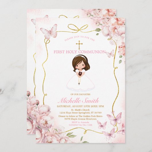 赤面ピンクの女の子が最初の聖餐式を保持 招待状 (正面/裏面)