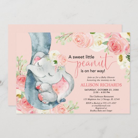 赤面ピンクの女の子の象のフローラの赤ちゃんシャワー 招待状 (正面/裏面)