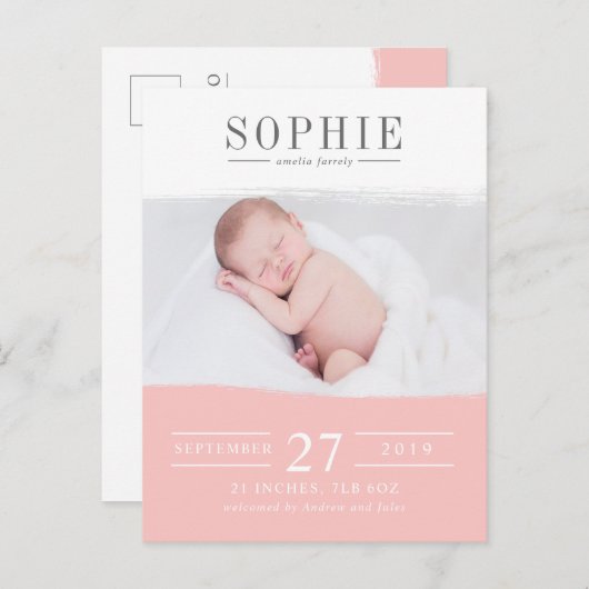 赤面ピンクの完璧な写真の誕生のお知らせ 案内ポストカード (正面/裏面)