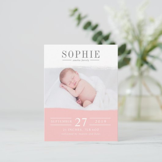 赤面ピンクの完璧な写真の誕生のお知らせ 案内ポストカード (スタンド正面)