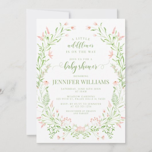 赤面ピンクの小さな野生の花bohoベビーガールシャワー 招待状 (正面)