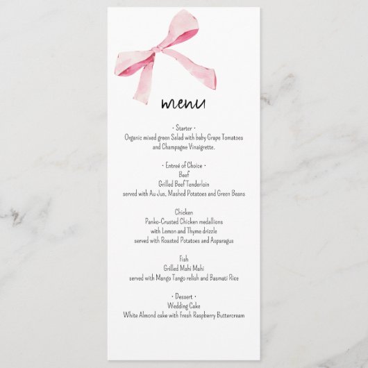 赤面ピンクの弓と花メニューカード名前をカスタムする メニュー (正面)