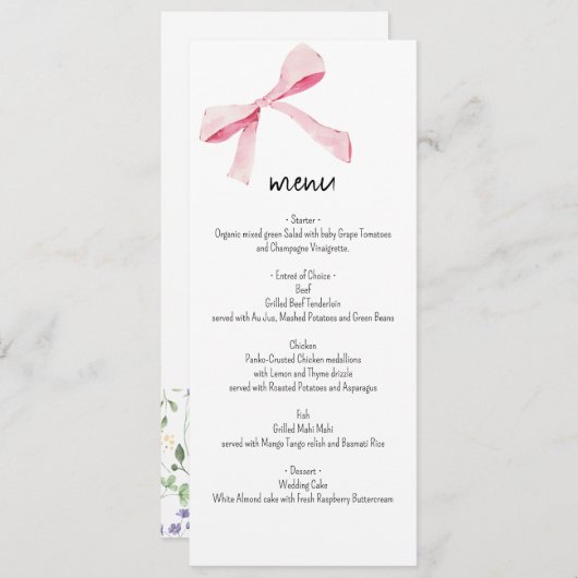 赤面ピンクの弓と花メニューカード名前をカスタムする メニュー (正面/裏面)