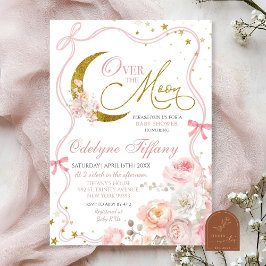 赤面ピンクの弓の月の女の子の赤ちゃんシャワー 招待状