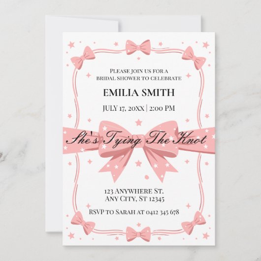 赤面ピンクの弓彼女が結ぶノットブライダルシャワー 招待状 (正面)