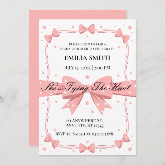 赤面ピンクの弓彼女が結ぶノットブライダルシャワー 招待状 (正面/裏面)