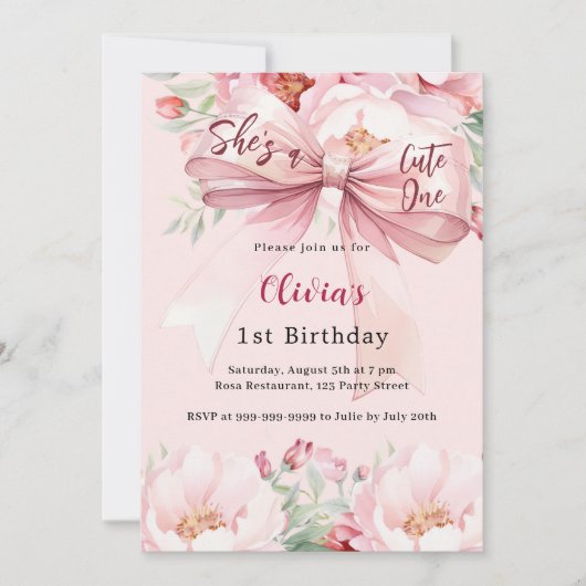 赤面ピンクの弓花模様かわいい1歳の誕生日 招待状 (正面)