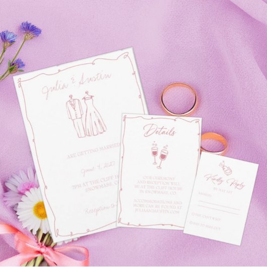 赤面ピンクの手描き花嫁結婚と花婿 招待状