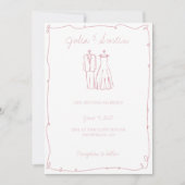 赤面ピンクの手描き花嫁結婚と花婿 招待状 (正面)