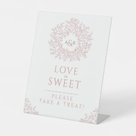 赤面ピンクの手描き葉モノグラム結婚の甘さ 台座サイン