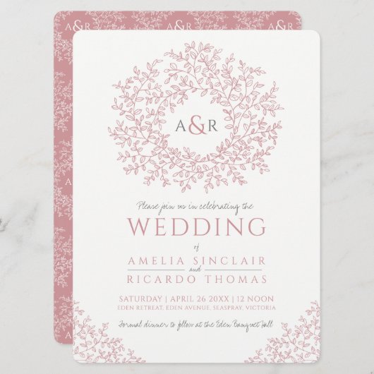 赤面ピンクの手描き葉モノグラム結婚アート 招待状 (正面/裏面)
