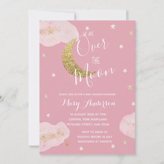 赤面ピンクの月と星の水の色ベビーシャワー 招待状 (正面)