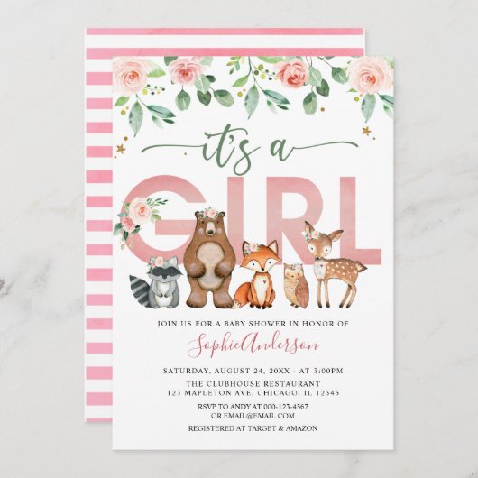 赤面ピンクの森林動物少女のベビーシャワー 招待状